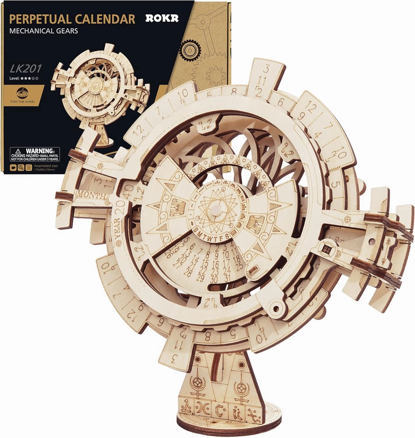 ROKR 3D Wooden Perpetual Calendar Puzzle,Mechanical Gears Toy Building Set,Brain Teaser Games,Engineering Toys,Family Wooden Craft KIT Supplies-Great Birthday for Husband Wife Adult