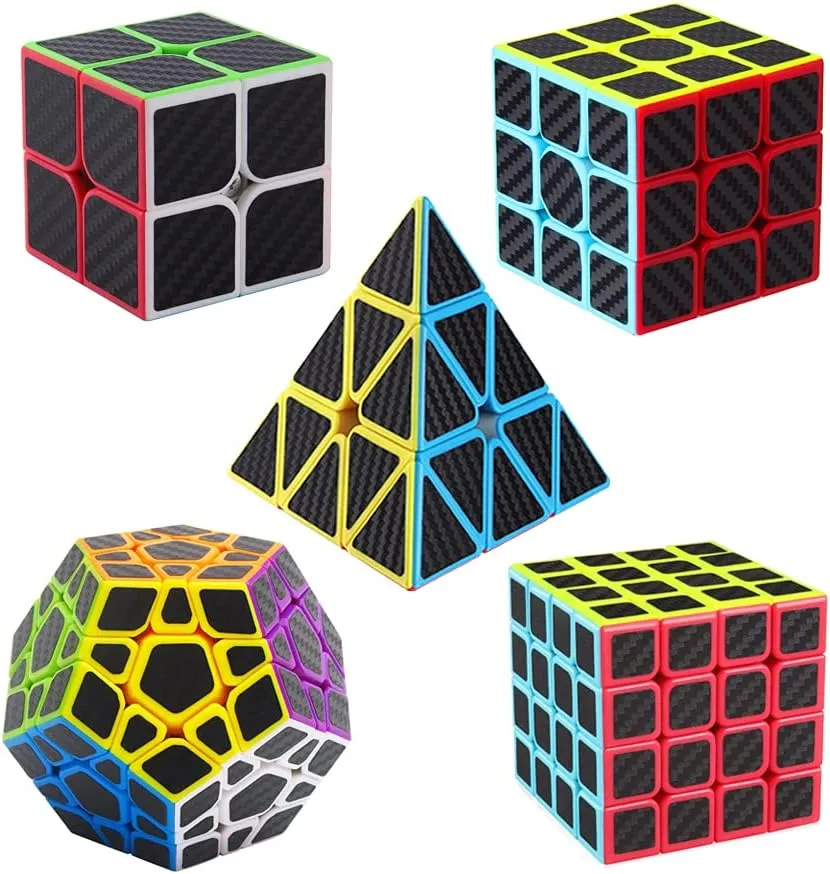 Roxenda Speed Cube Set, [5 Pack] Magic Cube Bundle of 2x2 3x3 4x4 Megaminx Cube and Pyramid Cube Smoothly Carbon Fiber Sticker Speed Cubes Collection for Kids Teens & Adults