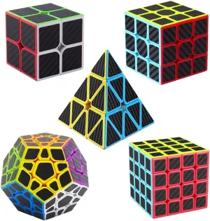 Roxenda Speed Cube Set, [5 Pack] Magic Cube Bundle of 2x2 3x3 4x4 Megaminx Cube and Pyramid Cube Smoothly Carbon Fiber Sticker Speed Cubes Collection for Kids Teens & Adults