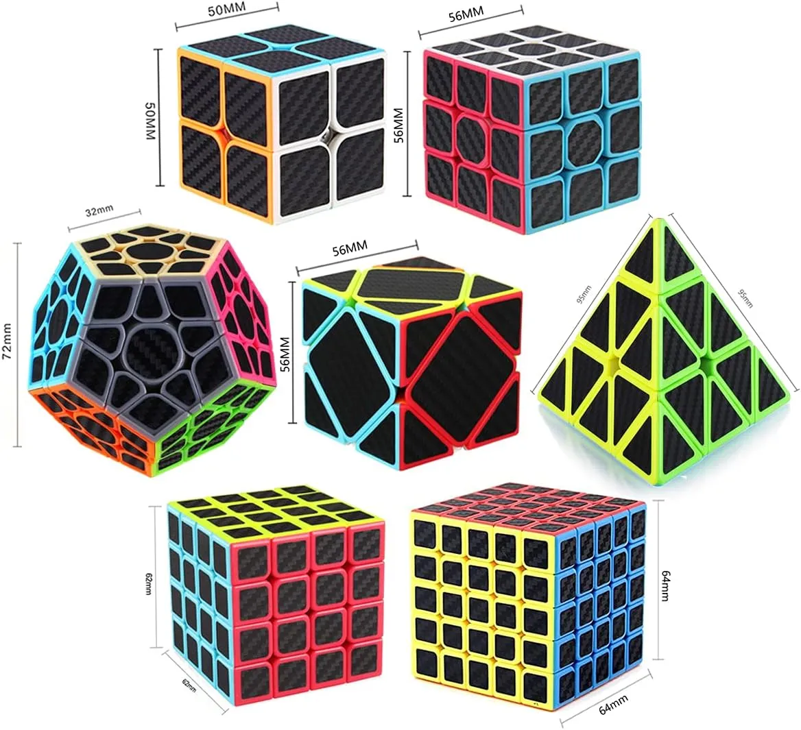 Roxenda Speed Cube Set, Speed Cube Bundle of 2x2 3x3 4x4 Megaminx Windmill Mirror Cube and Pyramid Cube Smoothly Magic Cubes Collection for Kids & Adults [7 Pack] (Carbon Fiber)