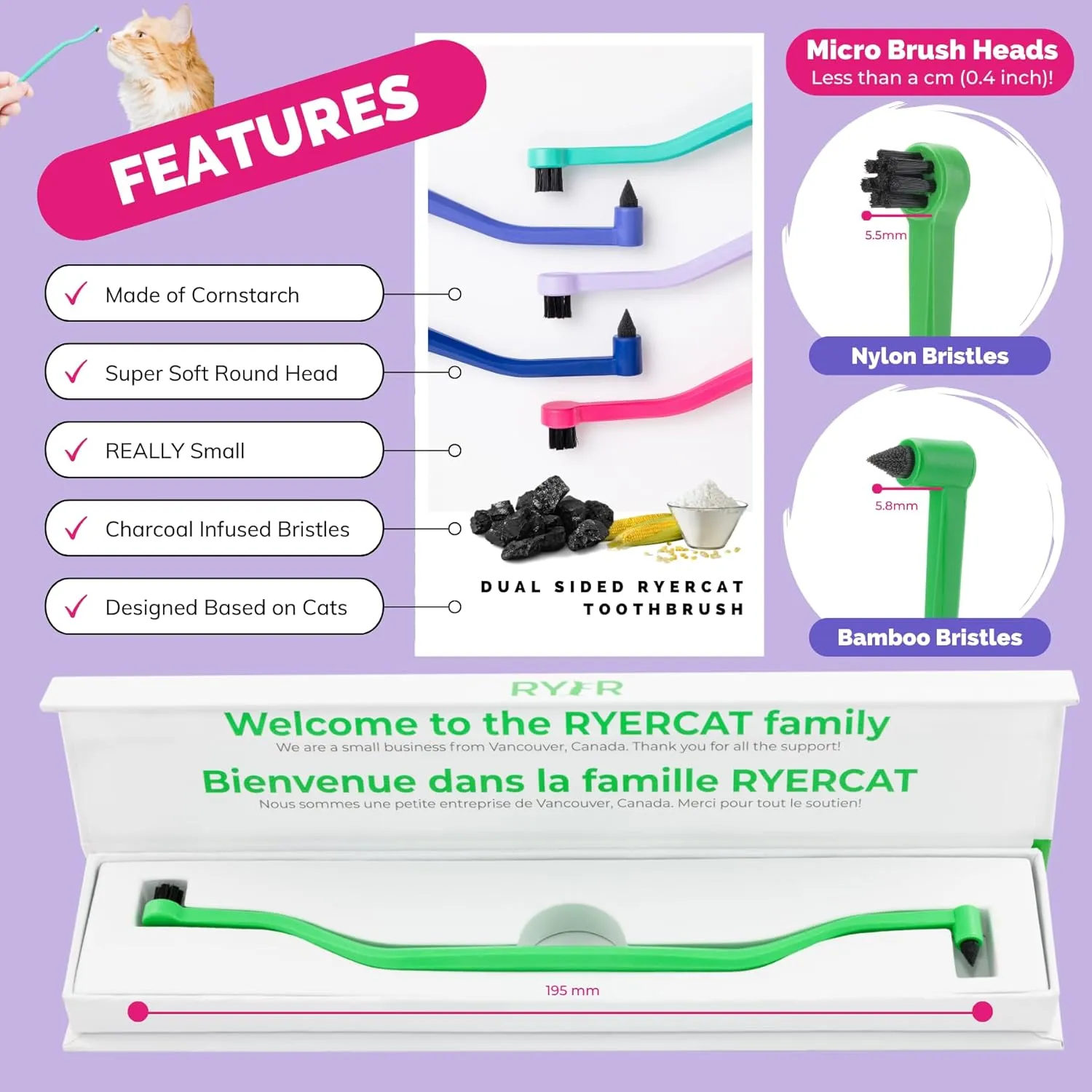 RYERCAT Dual-Sided Cat Toothbrush – Gentle Care for Your Kitten’s Smile! Micro Head for Easy Cleaning & Healthy (Shamrock)