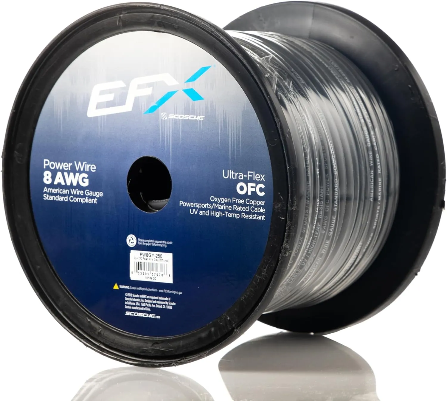 Scosche EFX PW8GY-250 8 Gauge OFC Wire, 8 AWG Pure Copper Power Ground Wire Cable (250ft Gray) True Spec and Soft Touch Welding Wire, Battery Cable Wire, Automotive Wire, Car Audio Stereo, RV Trailer