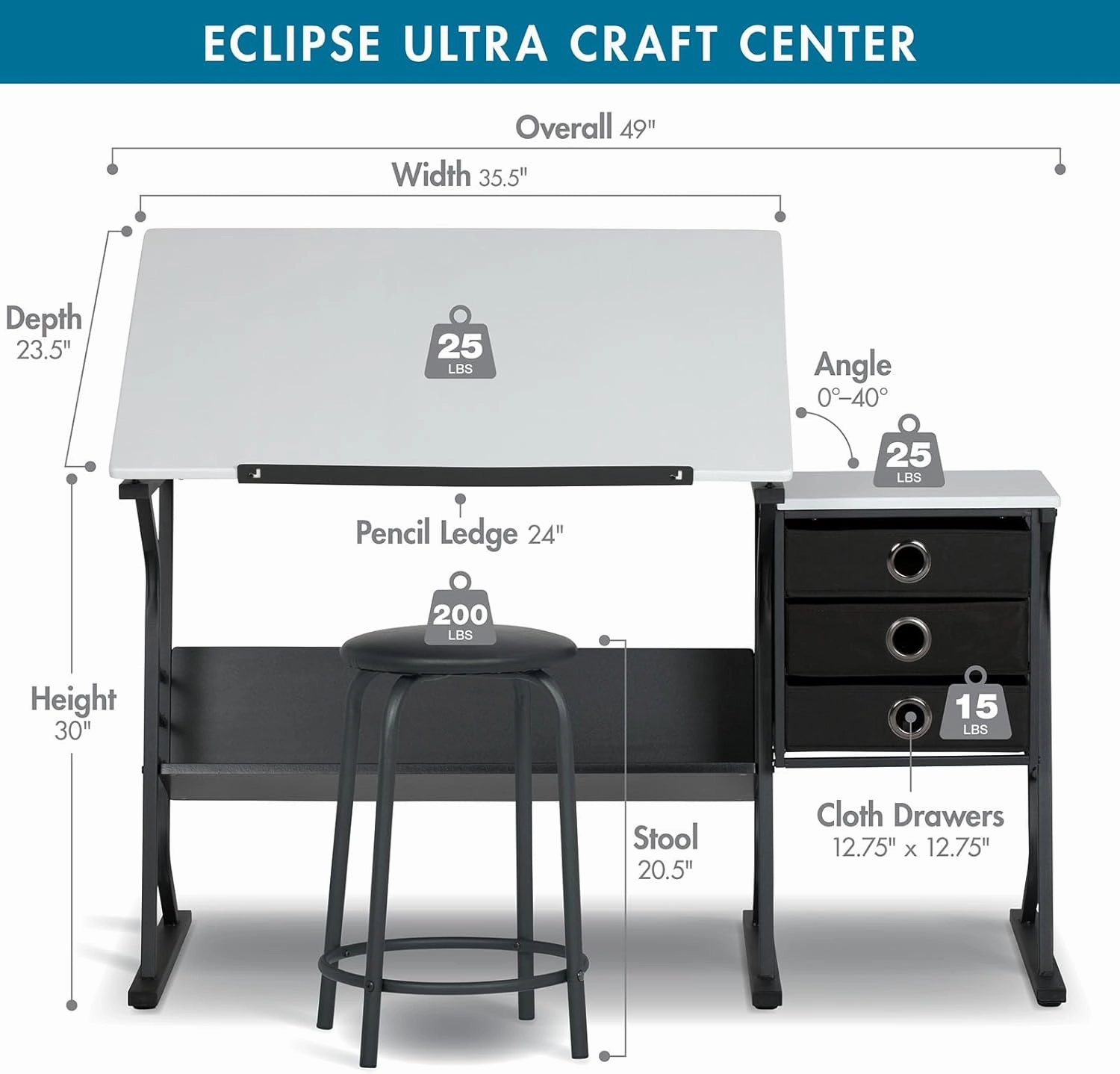 SD Studio Designs 2 Piece Eclipse Ultra Center/Drawing Table with Stool, Angle Adjustable Top, Storage Shelves, and Drawers