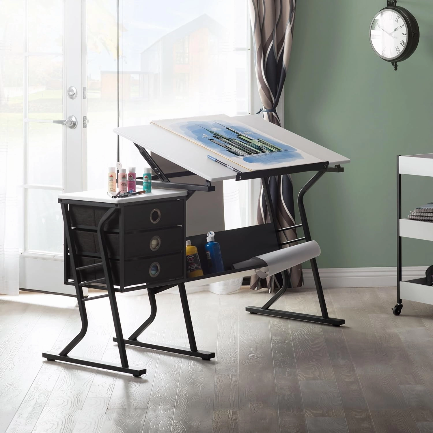 SD Studio Designs 2 Piece Eclipse Ultra Center/Drawing Table with Stool, Angle Adjustable Top, Storage Shelves, and Drawers