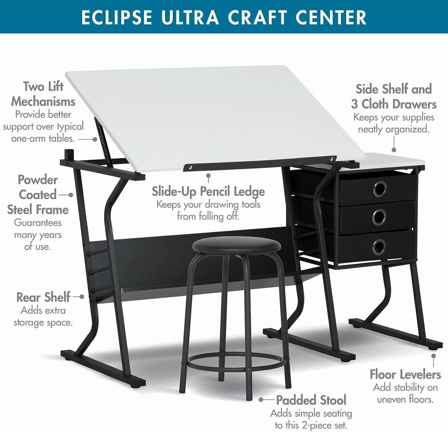 SD Studio Designs 2 Piece Eclipse Ultra Center/Drawing Table with Stool, Angle Adjustable Top, Storage Shelves, and Drawers