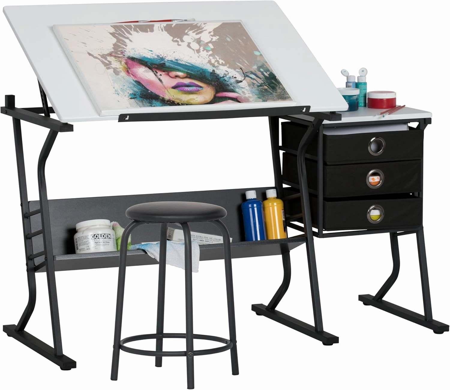 SD Studio Designs 2 Piece Eclipse Ultra Center/Drawing Table with Stool, Angle Adjustable Top, Storage Shelves, and Drawers