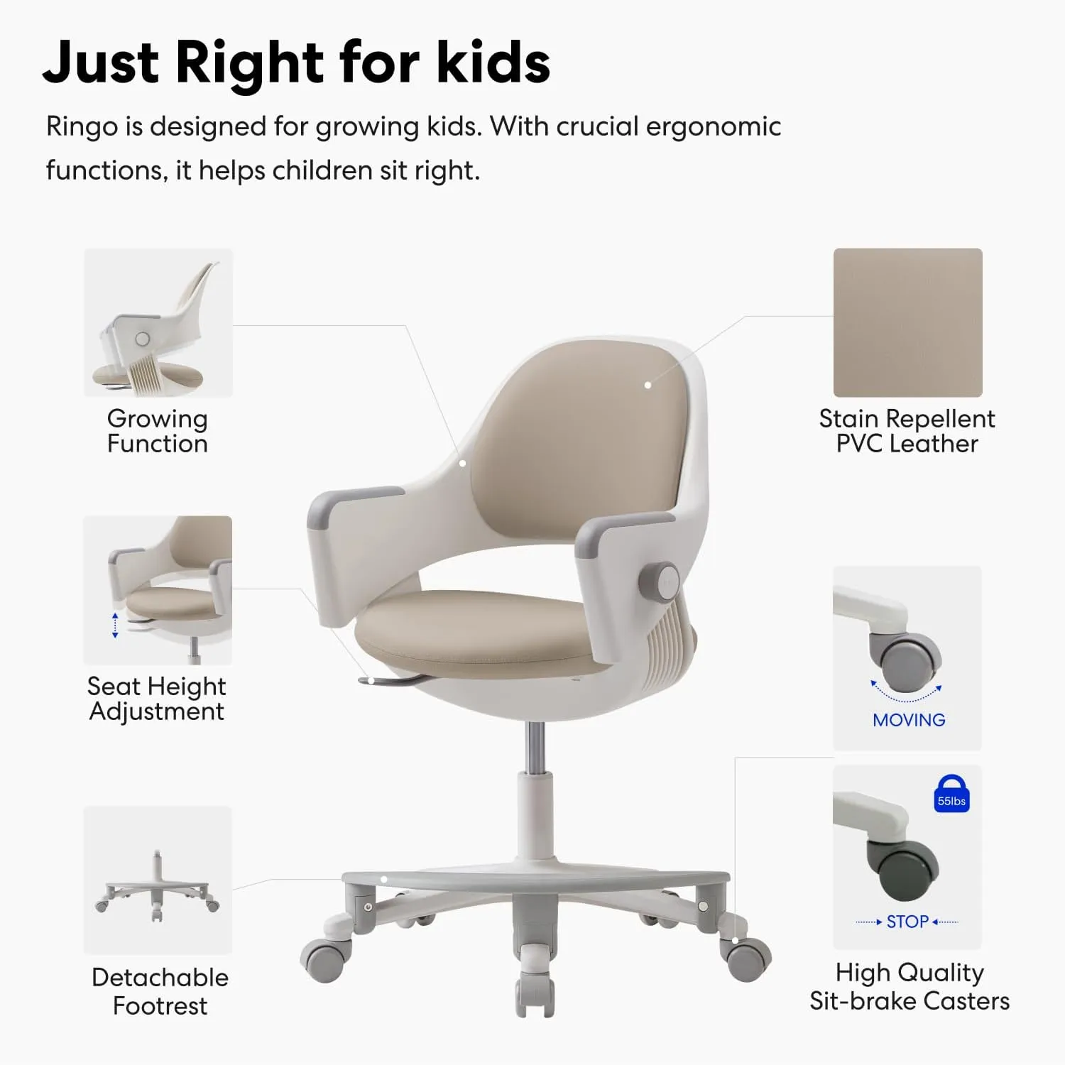 SIDIZ Ringo Kids Desk Chair : Ergonomic Kids Chair with Footrest, 4-Step Growing Function, Adjustable Seat Height, Sit-Locking Casters, Swivel Type (Soy Milk Beige)