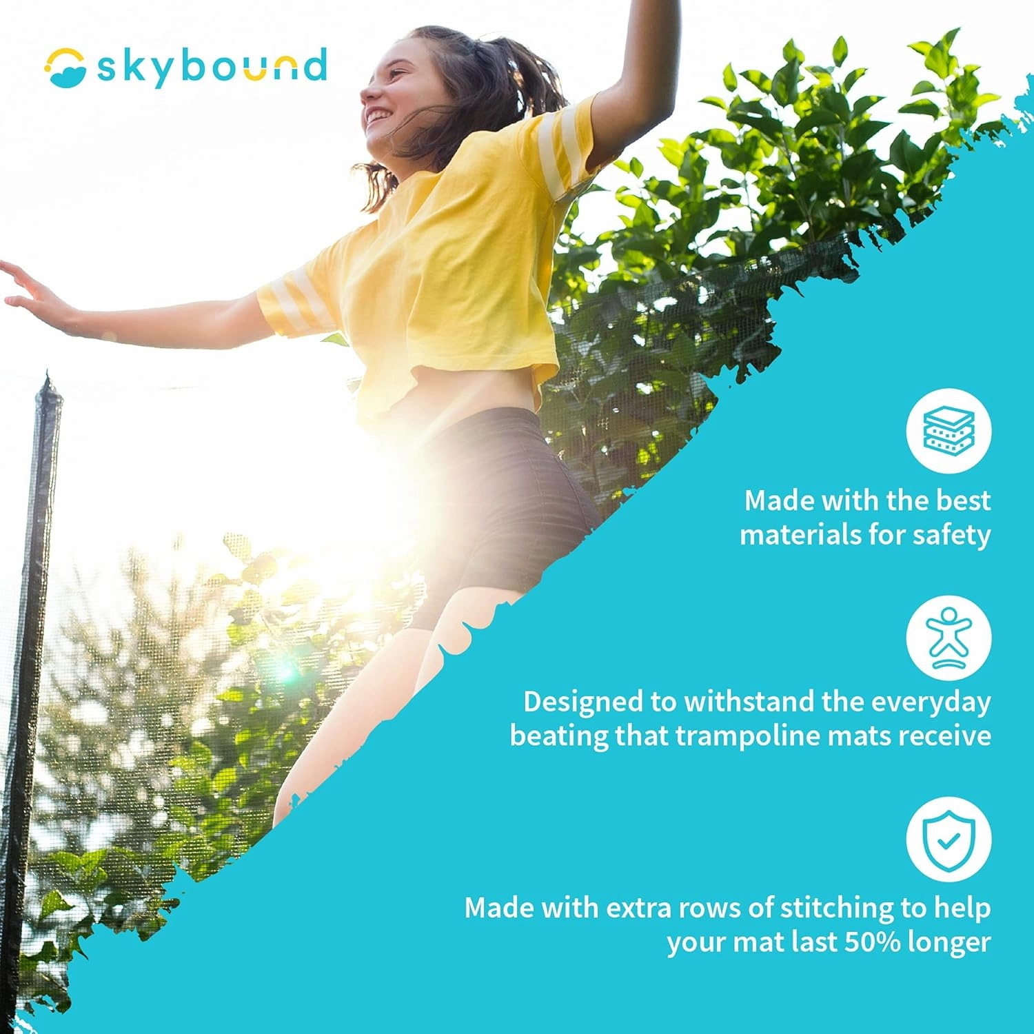 SkyBound Replacement Trampoline Mat, Fits 14ft Frames w/Spring Tool and Durable V-Rings, Bounce Safely with Extra Rows of Stitching