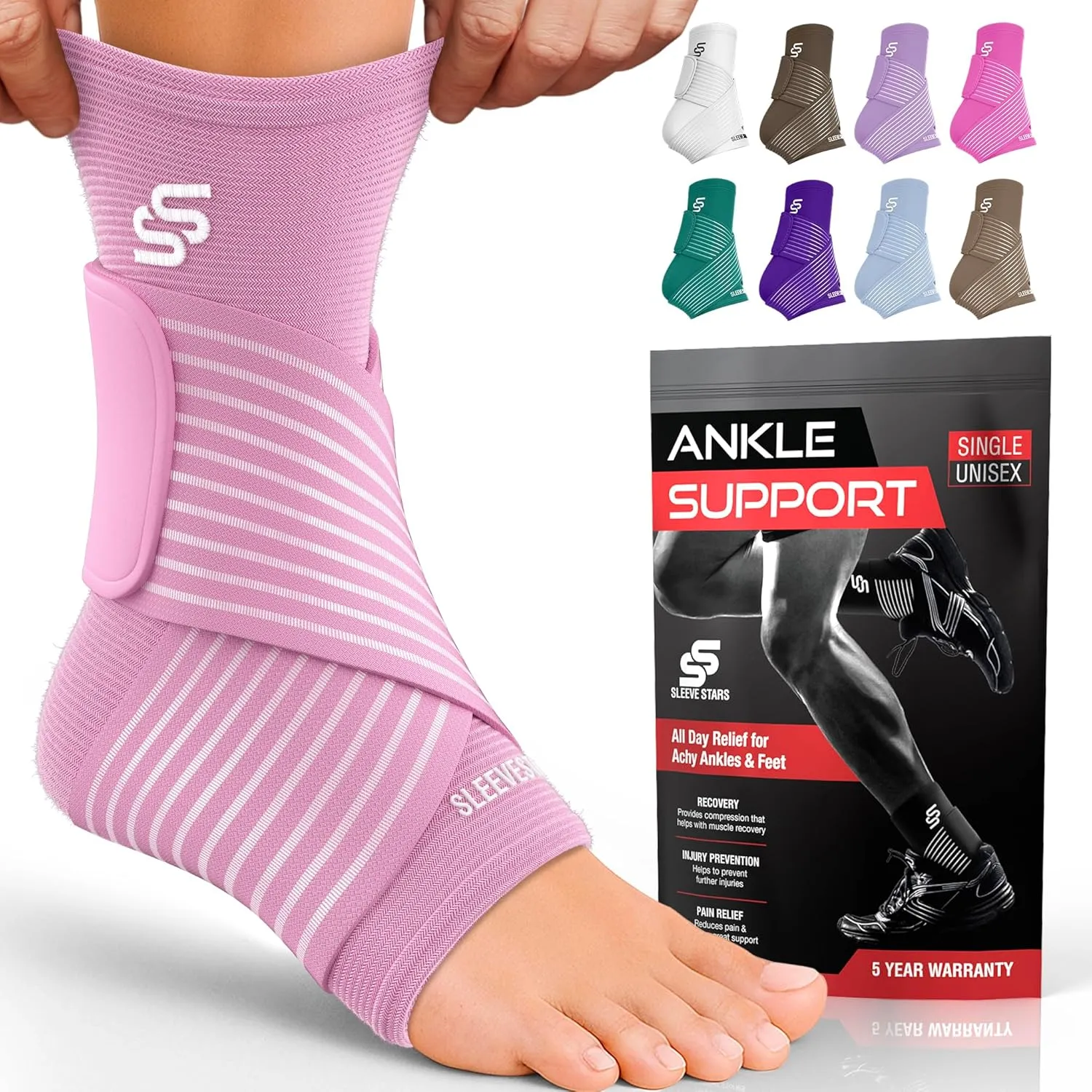 Sleeve Stars Ankle Brace for Sprained Ankle, Plantar Fasciitis Relief Ankle Support for Men and Women, Ankle Compression Sleeve w/ Strap (Single/Baby Pink)