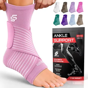 Sleeve Stars Ankle Brace for Sprained Ankle, Plantar Fasciitis Relief Ankle Support for Men and Women, Ankle Compression Sleeve w/ Strap (Single/Baby Pink)