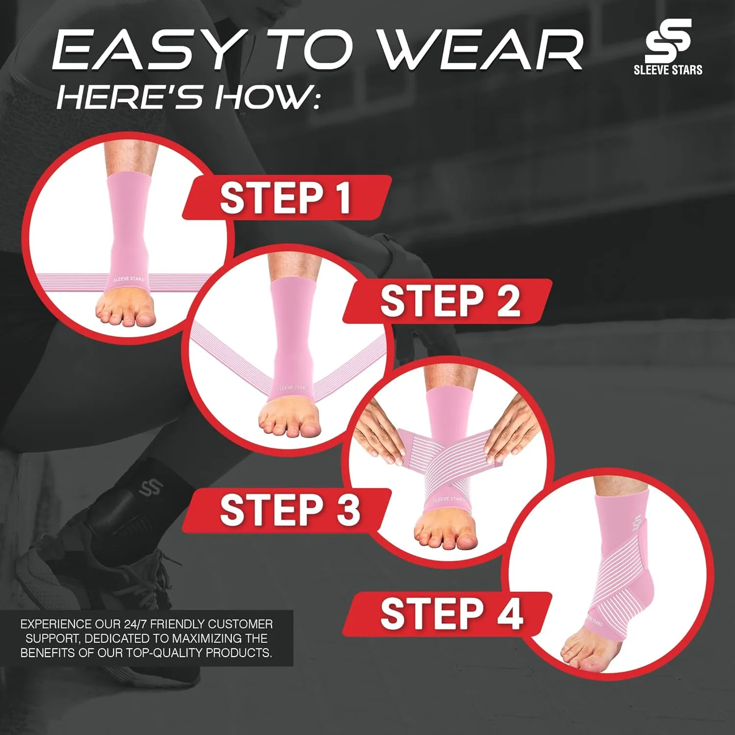 Sleeve Stars Ankle Brace for Sprained Ankle, Plantar Fasciitis Relief Ankle Support for Men and Women, Ankle Compression Sleeve w/ Strap (Single/Baby Pink)
