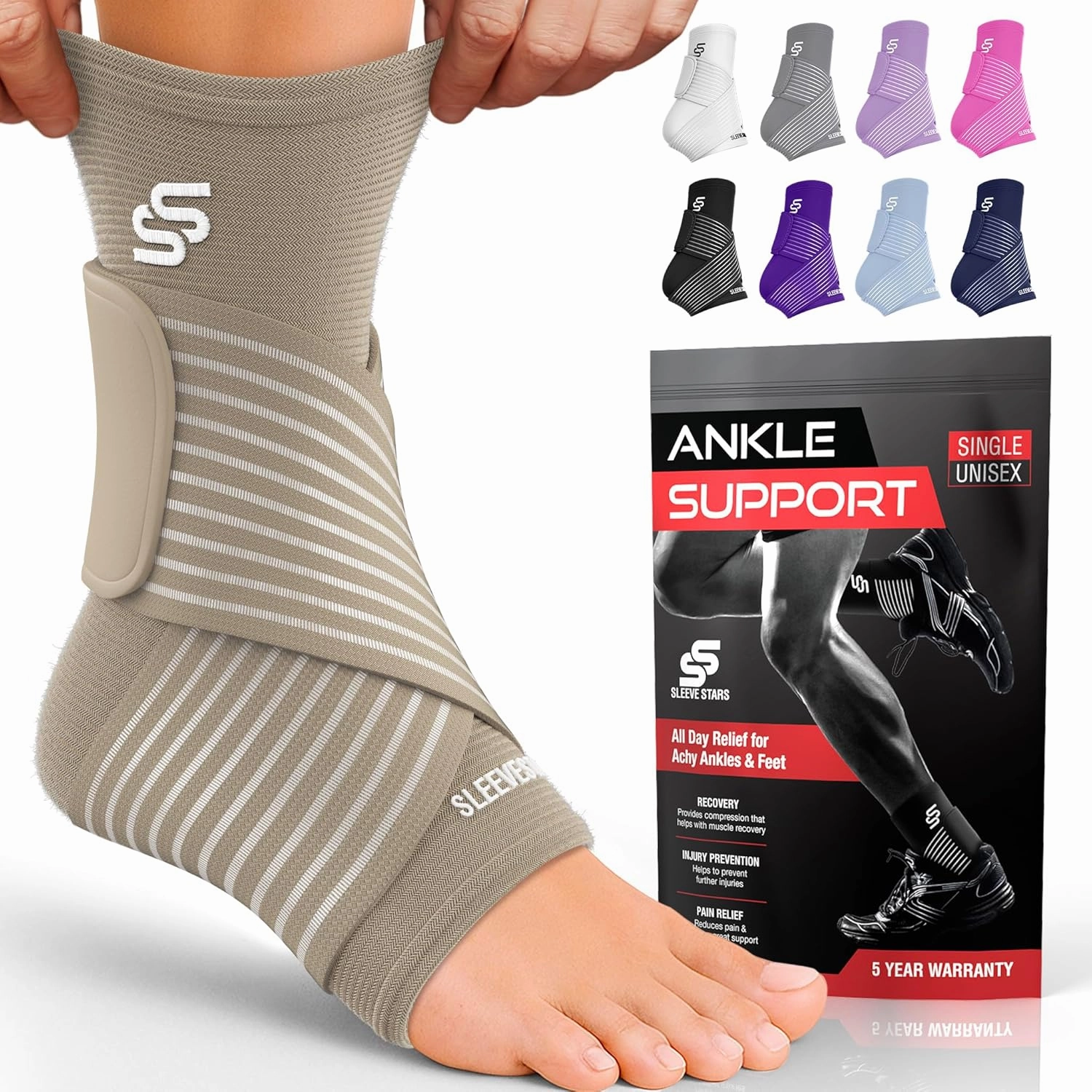 Sleeve Stars Ankle Brace for Sprained Ankle, Plantar Fasciitis Relief Ankle Support for Women, Ankle Compression Sleeve w/ Strap (Single/Beige)