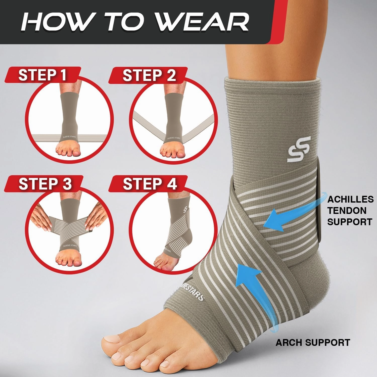 Sleeve Stars Ankle Brace for Sprained Ankle, Plantar Fasciitis Relief Ankle Support for Women, Ankle Compression Sleeve w/ Strap (Single/Beige)
