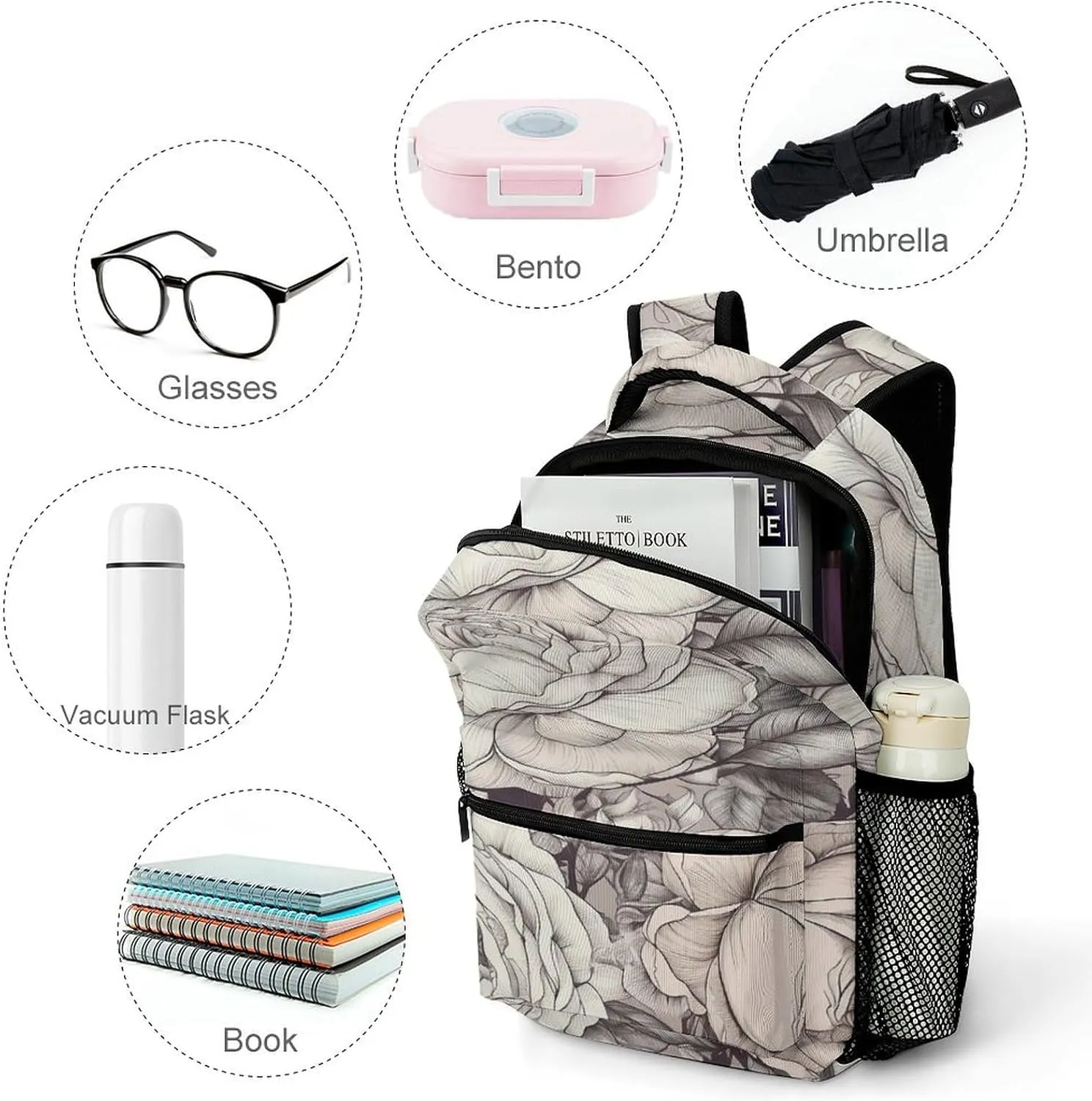 Small Backpacks Personalized Drawing of Flowers Printing Travel Bag Lightweight Travel Backpack For Women Men