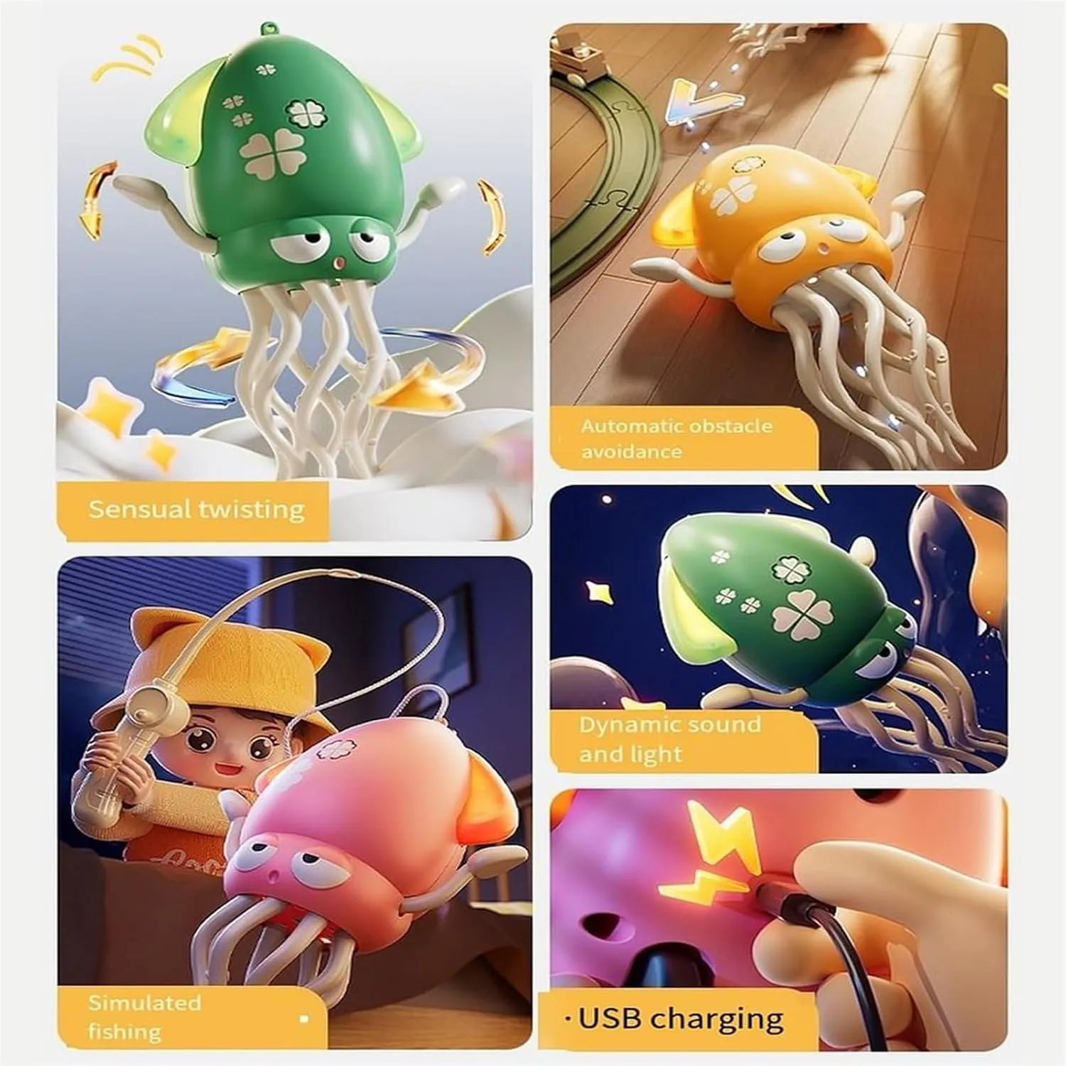 Smart Tentacle Explorer, Wiggly Wonder Octopus, Playful Octopus, Electric Auto-Avoid Electric Crawling, Dancing with LED Lights & Music, Smart Wiggly Robotic Octopuses (B Yellow)