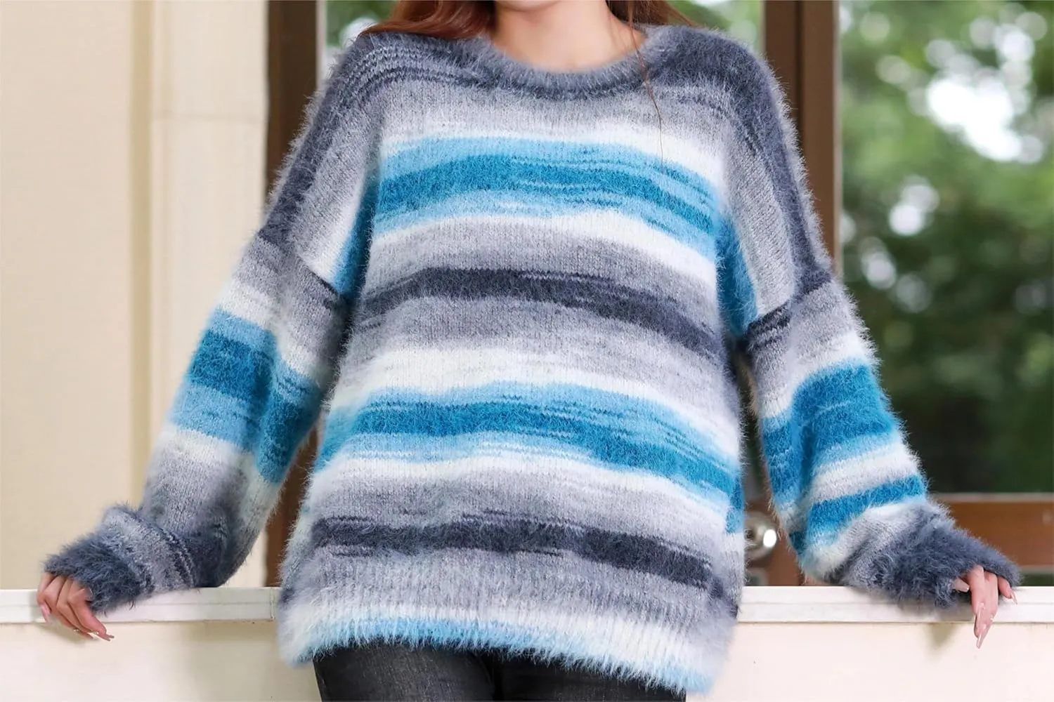 Snowbaby Wool Acrylic Blend Long Pile Yarn,(Worsted) Luxurious Fuzzy Multicolor Gradient Yarn for Knitting and Crocheting Hat Scarf Sweater, 2 * 3.52oz/100g 207yds(51-Blue Sea Dark Clouds)