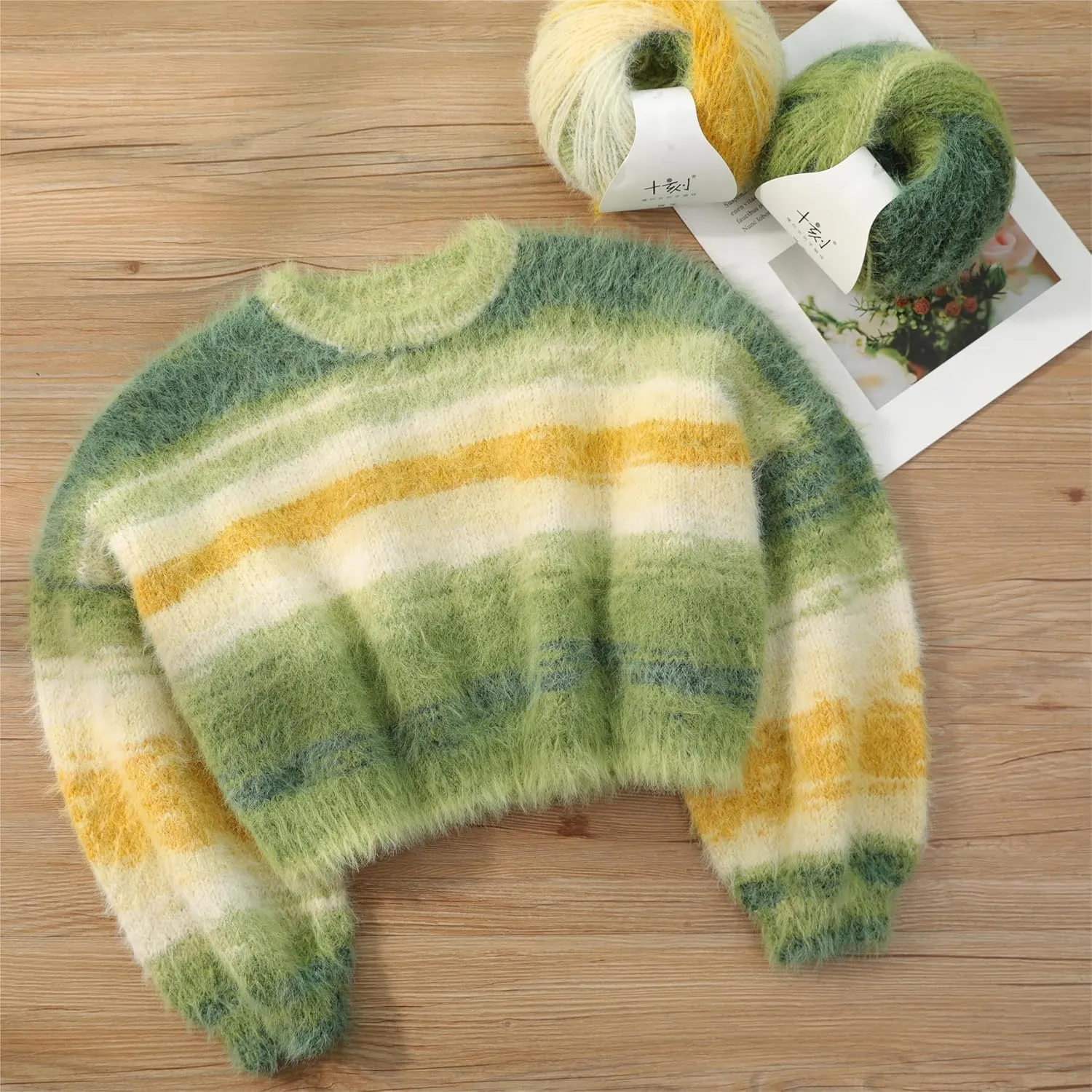 Snowbaby Wool Acrylic Blend Long Pile Yarn,(Worsted) Luxurious Fuzzy Multicolor Gradient Yarn for Knitting and Crocheting Hat Scarf Sweater, 2 * 3.52oz/100g 207yds(52-Morning Rice Paddies)