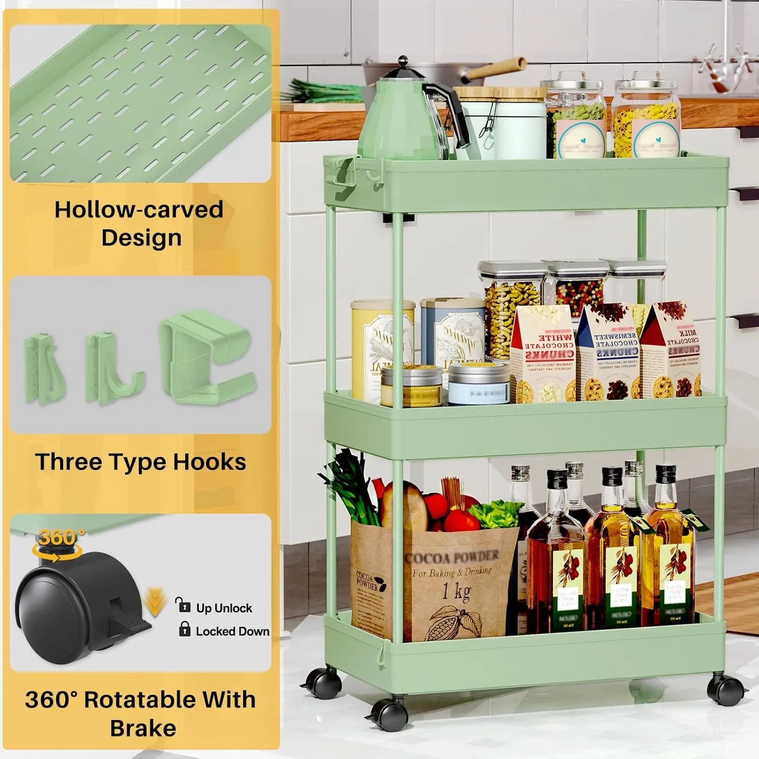 SPACEKEEPER Rolling Storage Cart 3 Tier, Bathroom Cart Organizer Laundry Room Organizer Utility Cart Mobile Shelving Unit Multi-Functional Shelves for Office, Kitchen, Bathroom, Green, SPKSC302GN