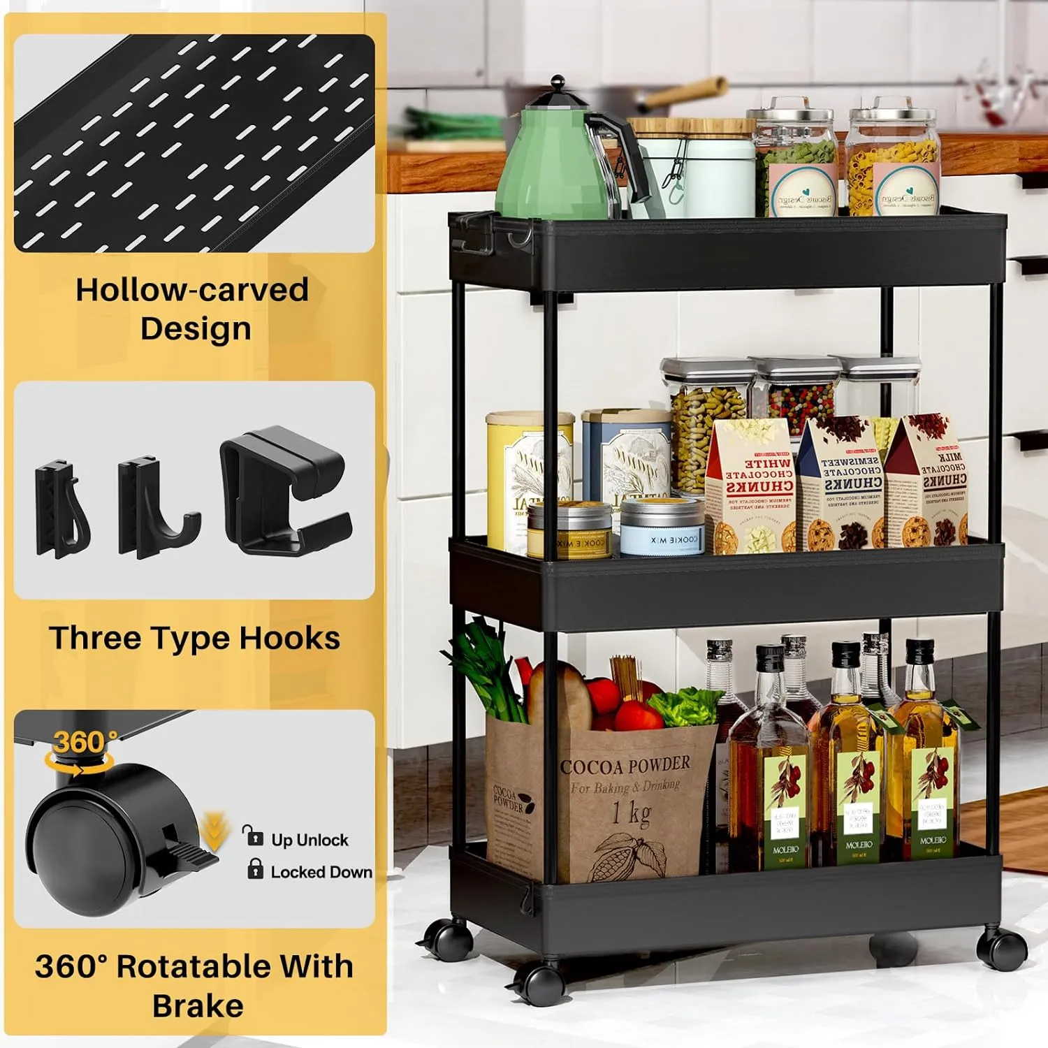 SPACEKEEPER Rolling Storage Cart 3 Tier Bathroom Cart Organizers with Wheels Laundry Room Organization Mobile Shelving Unit Utility Cart Storage Shelves Multi-Functional for Office, Home, Black