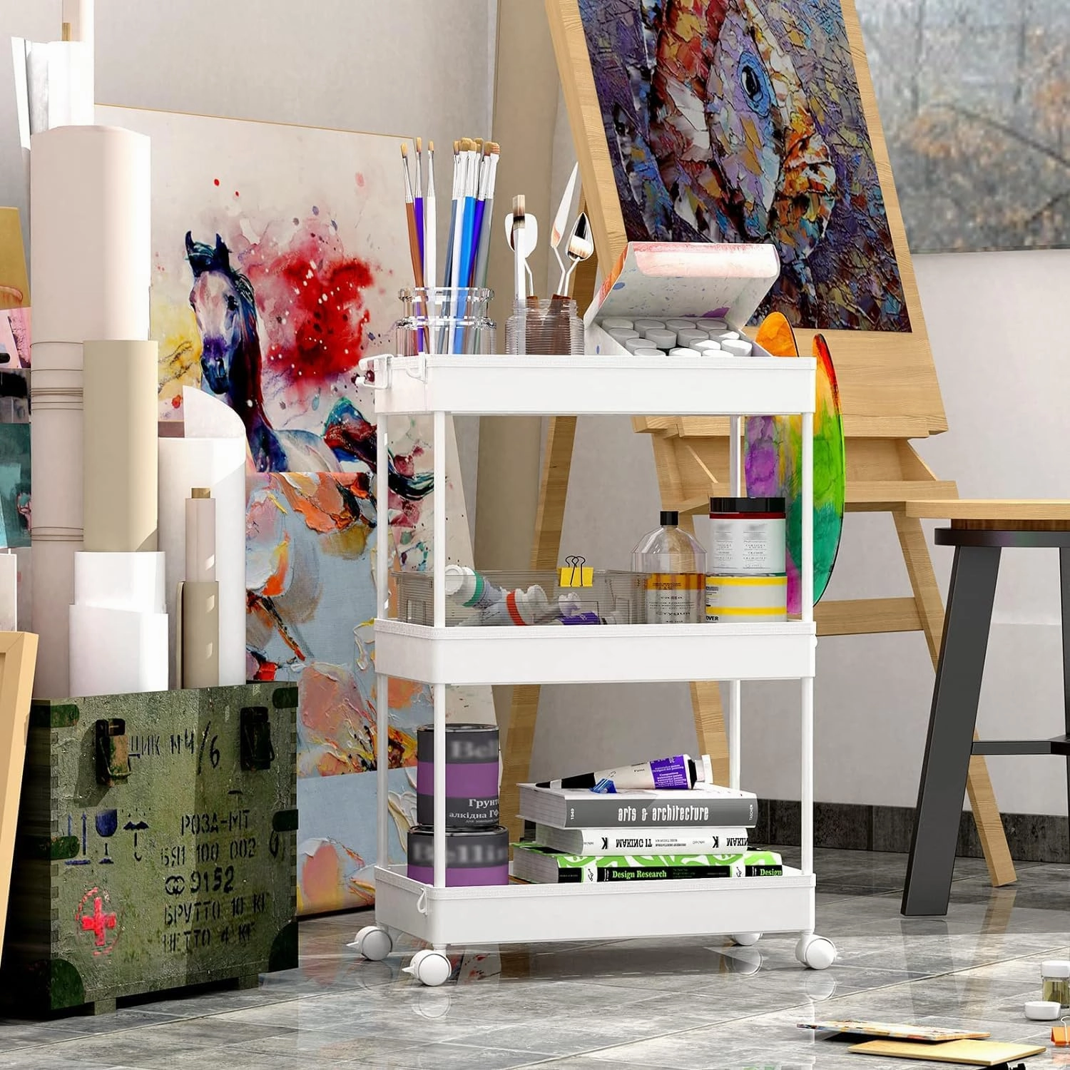 SPACEKEEPER Rolling Storage Cart 3 Tier, Bathroom Cart Organizer Laundry Room Organizer Utility Cart Mobile Shelving Unit Multi-Functional Shelves for Office, Kitchen, Bathroom, White