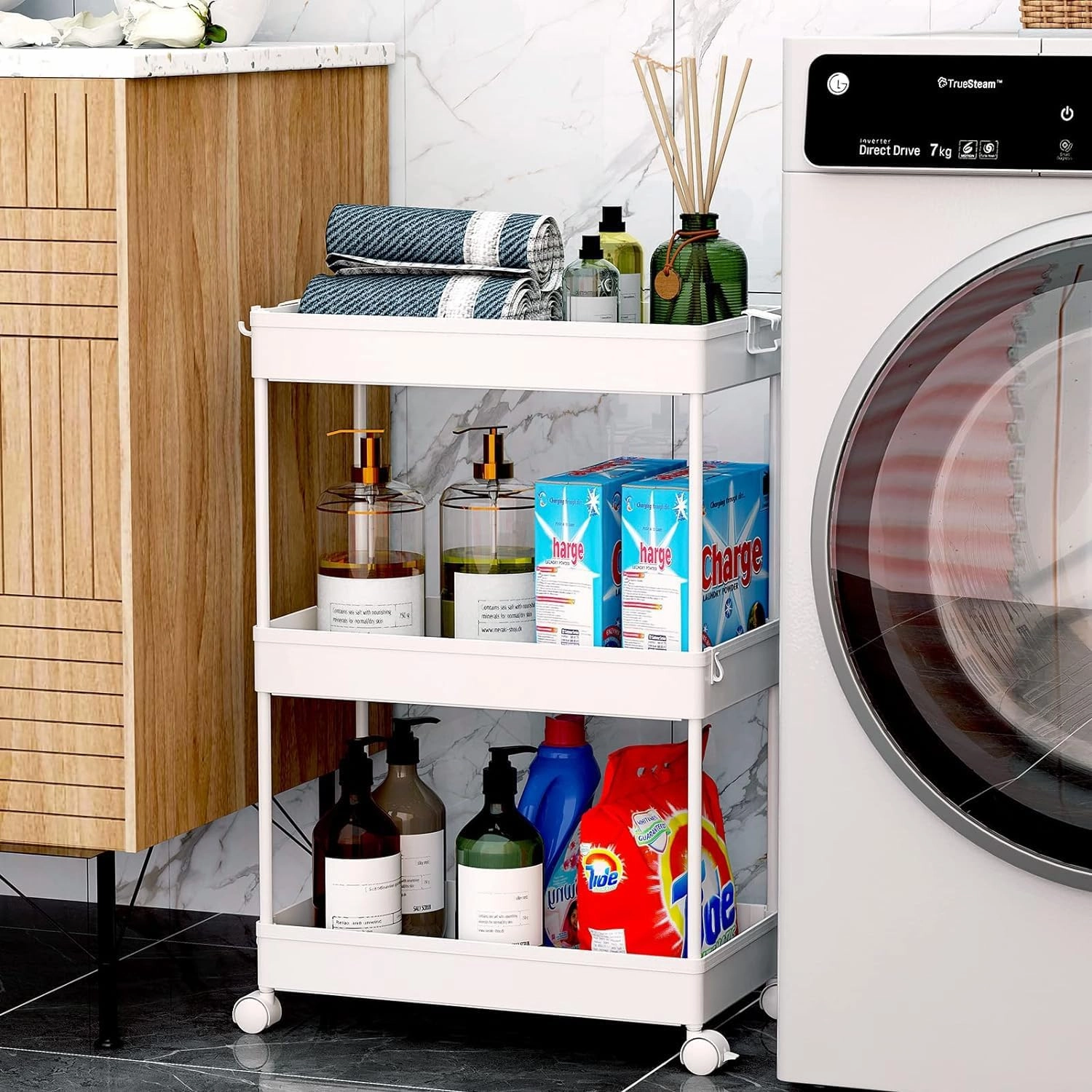 SPACEKEEPER Rolling Storage Cart 3 Tier, Bathroom Cart Organizer Laundry Room Organizer Utility Cart Mobile Shelving Unit Multi-Functional Shelves for Office, Kitchen, Bathroom, White