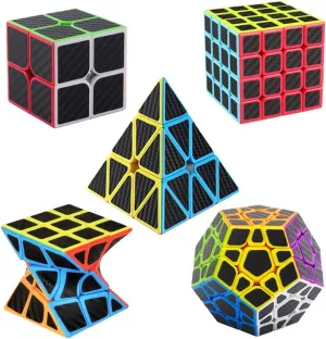 Speed Cube Set, Speed Cube Bundle of 2x2 4x4 Megaminx Pyramid Cube and Twist Cube Smoothly Carbon Fiber Sticker Magic Cubes Collection for Kids & Adults [5 Pack]