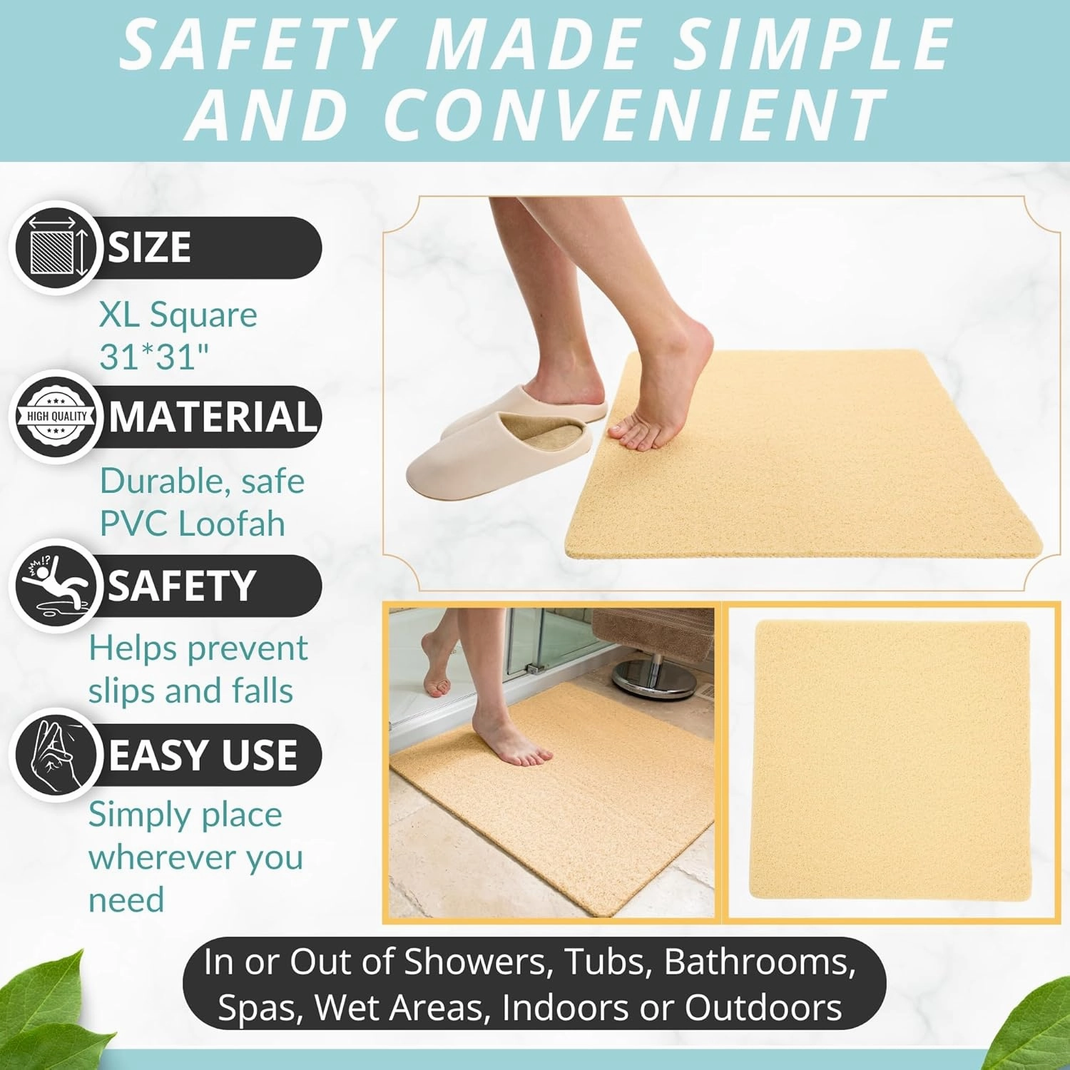 Square Shower Mat - Non Slip Shower Mats for Inside Shower - Extra Large 31x31 Shower Floor Mat Non Slip - Square Bath Mat for Shower - Secure Anti Slip Loofah Shower Bath Mat (31x31 Beige)
