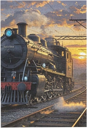 Steam Train Depart Sunset Puzzles 300 Pieces Personalized Jigsaw Puzzles Photos Puzzle for Adults Challenging Picture Puzzle with Storage Bag Puzzles for Men Women Home Decor (10.2" x 15")