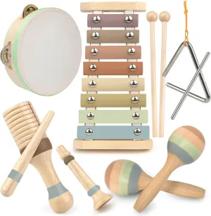 Stoie's Wooden Kids Musical Instruments for Babies and Toddlers 3-9 Years Old, Montessori Educational Music Toy with Xylophone, Tambourine, Triangle, Maracas, Durable, Storage Bag, Unisex Boho Colors