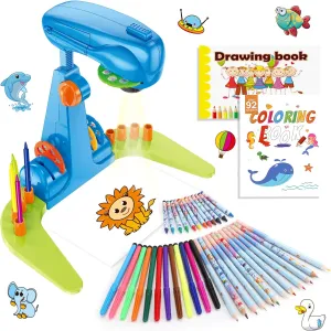 Sumsoltic Drawing Projector for Kids, Art and Craft Kit, Including Colored Pencils, Crayons, Coloring Books, Toys for 3  Year Old Boys (Blue Drawing Kit v1)