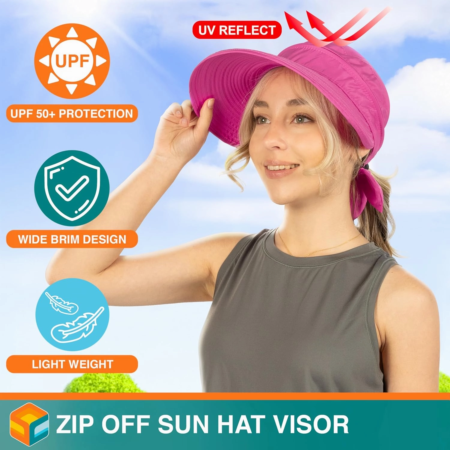 SUN CUBE Women Sun Hat for Outdoor UV Protection, Wide Brim Sun Hat Ponytail, Convertible Zip-Off Beach Hat Visor