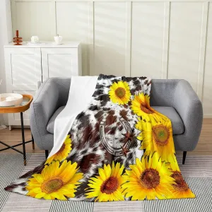 Sunflower Horseshoe Fleece Blanket Throw Size, Brown Western Cowhide Throw Blanket for Bed Sofa Home, Texas Star Rustic Farmhouse Fuzzy Blanket, Animal Floral Soft Lightweight Flannel Blanket