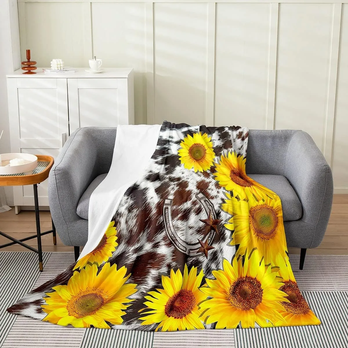 Sunflower Horseshoe Fleece Blanket Throw Size, Brown Western Cowhide Throw Blanket for Bed Sofa Home, Texas Star Rustic Farmhouse Fuzzy Blanket, Animal Floral Soft Lightweight Flannel Blanket