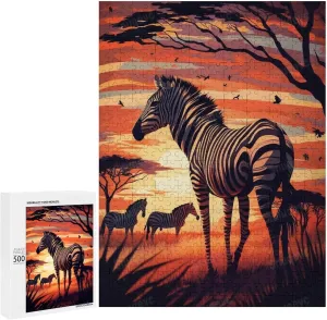 Sunset Grassland Zebra 1000 Pieces Adult Wooden Puzzle, Challenging Gift for Jigsaw Puzzle Lovers, Enjoy Happy Time with Friends, Framable Room Wall Decoration