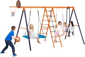 SUPER DEAL Outdoor Swing Set for Kids, Metal Playset with Adjustable Swings, Climbing Ladder and Nets, Swing Glider, Basketball Hoop for Backyard Playground, Heavy Duty 6 in 1