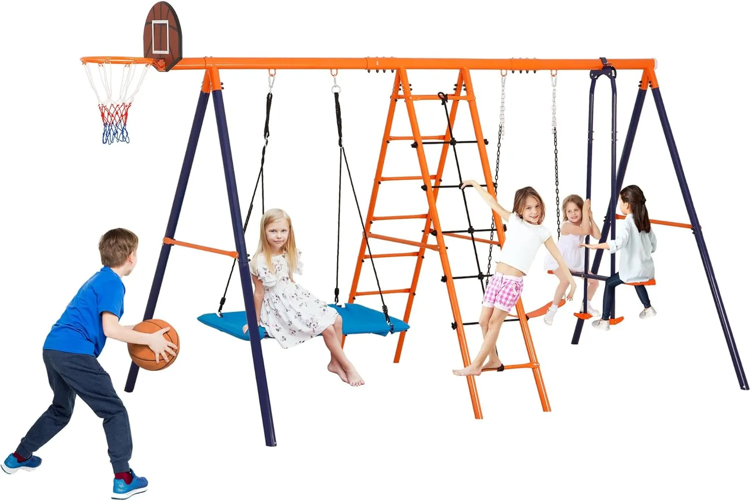 SUPER DEAL Outdoor Swing Set for Kids, Metal Playset with Adjustable Swings, Climbing Ladder and Nets, Swing Glider, Basketball Hoop for Backyard Playground, Heavy Duty 6 in 1