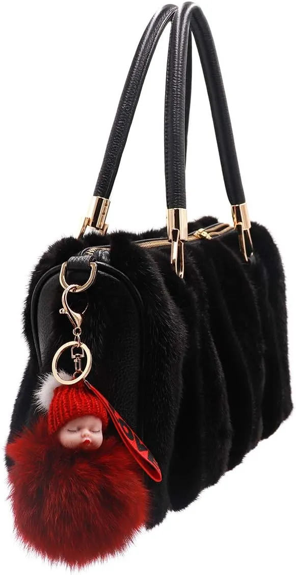 surell - Genuine Fox Fur Baby Keychain with Mink Beanie- Cute Classic Pompom Purse Accessory with Keyring- Fluffy Love Ball