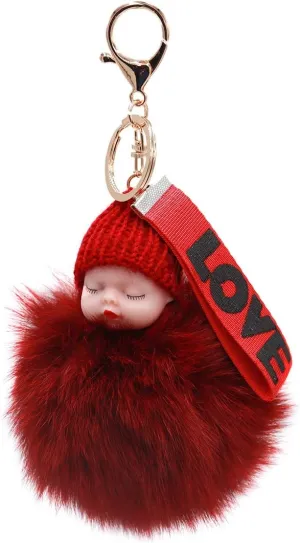 surell - Genuine Fox Fur Baby Keychain with Mink Beanie- Cute Classic Pompom Purse Accessory with Keyring- Fluffy Love Ball
