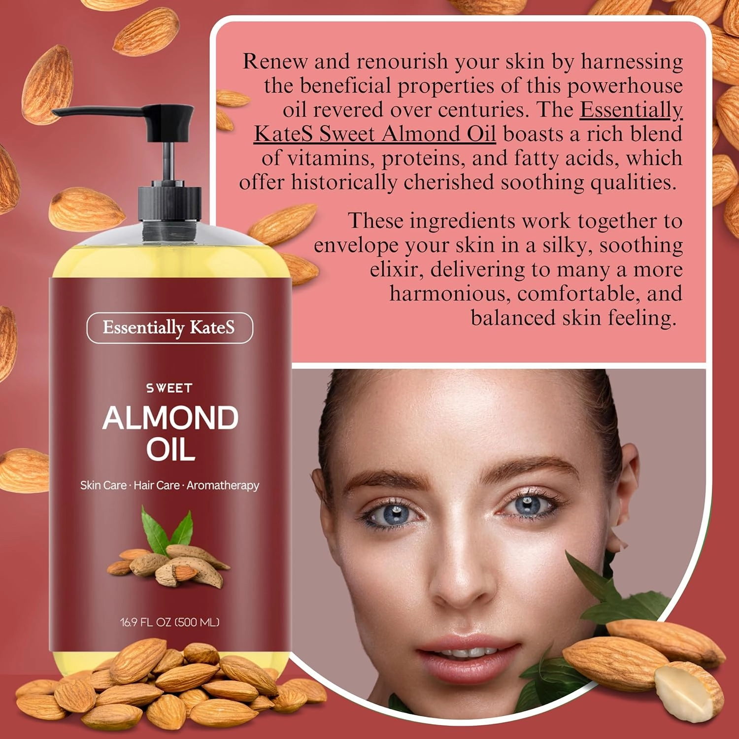 Sweet Almond Oil 33.8 Fl Oz - Pack of 2 x 16.9 Fl Oz - 100% Pure and Natural - Conditioning, Moisturizing & Nourishing - No Greasy Feel - A Natural Vit. E source