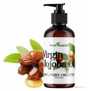 Sweet Essentials Organic Unrefined Jojoba Oil, Imported From Argentina, 100% Pure, Cold Pressed - For Hair, Skin & Nails - Best Natural Moisturizer - Hexane Free (8 fl oz Glass Bottle With Pump)