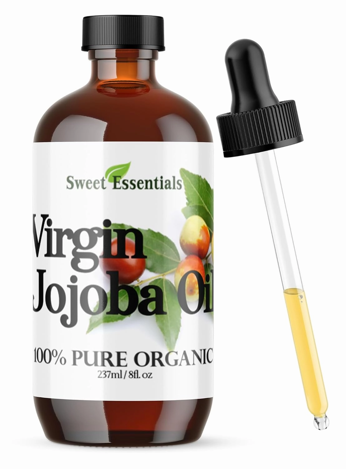 Sweet Essentials Organic Unrefined Jojoba Oil, Imported From Argentina, 100% Pure, Cold Pressed - For Hair, Skin & Nails - Best Natural Moisturizer, Hexane Free (8 fl oz Glass Bottle W/Dropper)
