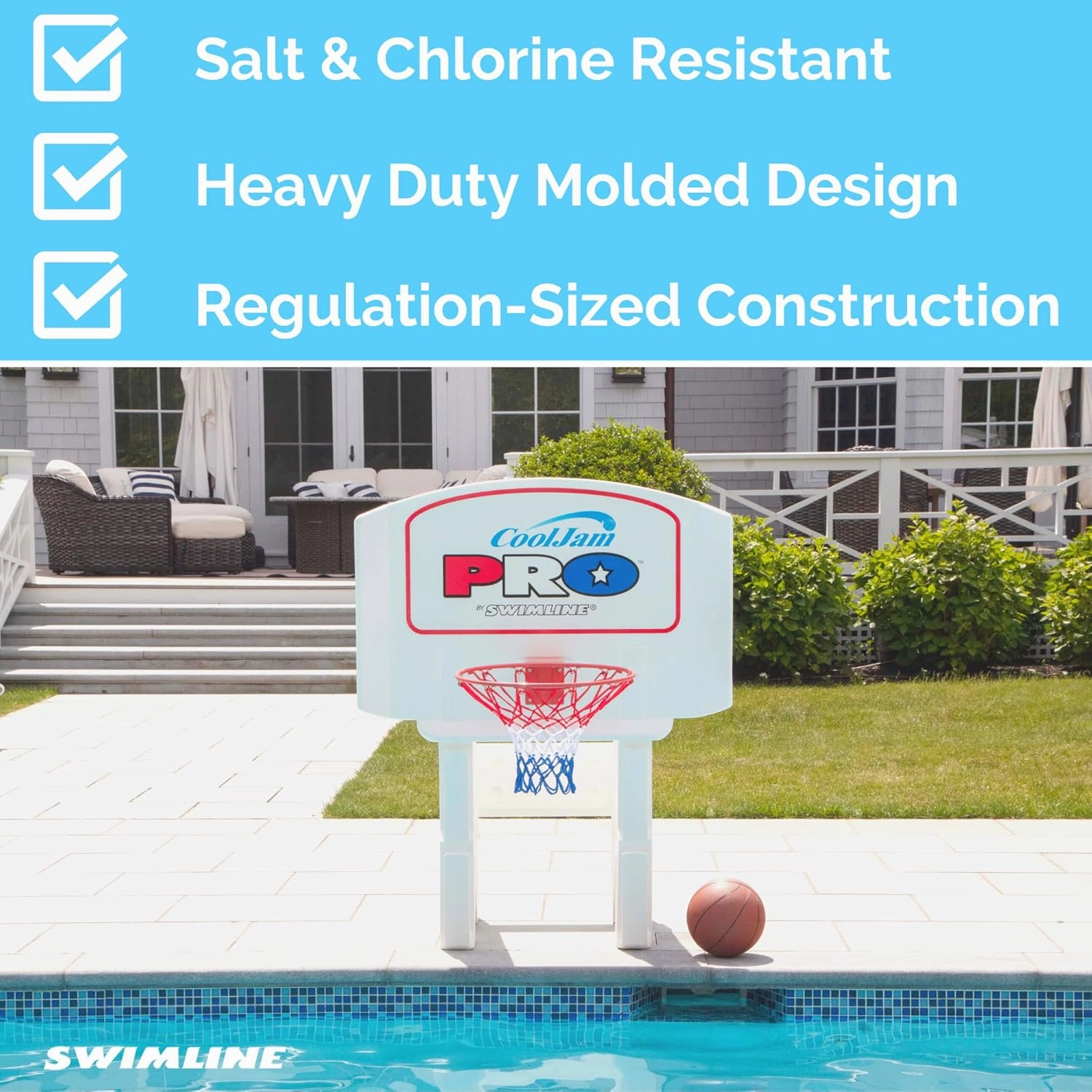 Swimline Cool Jam Pro In-Ground Poolside Basketball Game with Hoop, Regulation Size Ball, and Adjustable Backboard Height for Kids and Adults