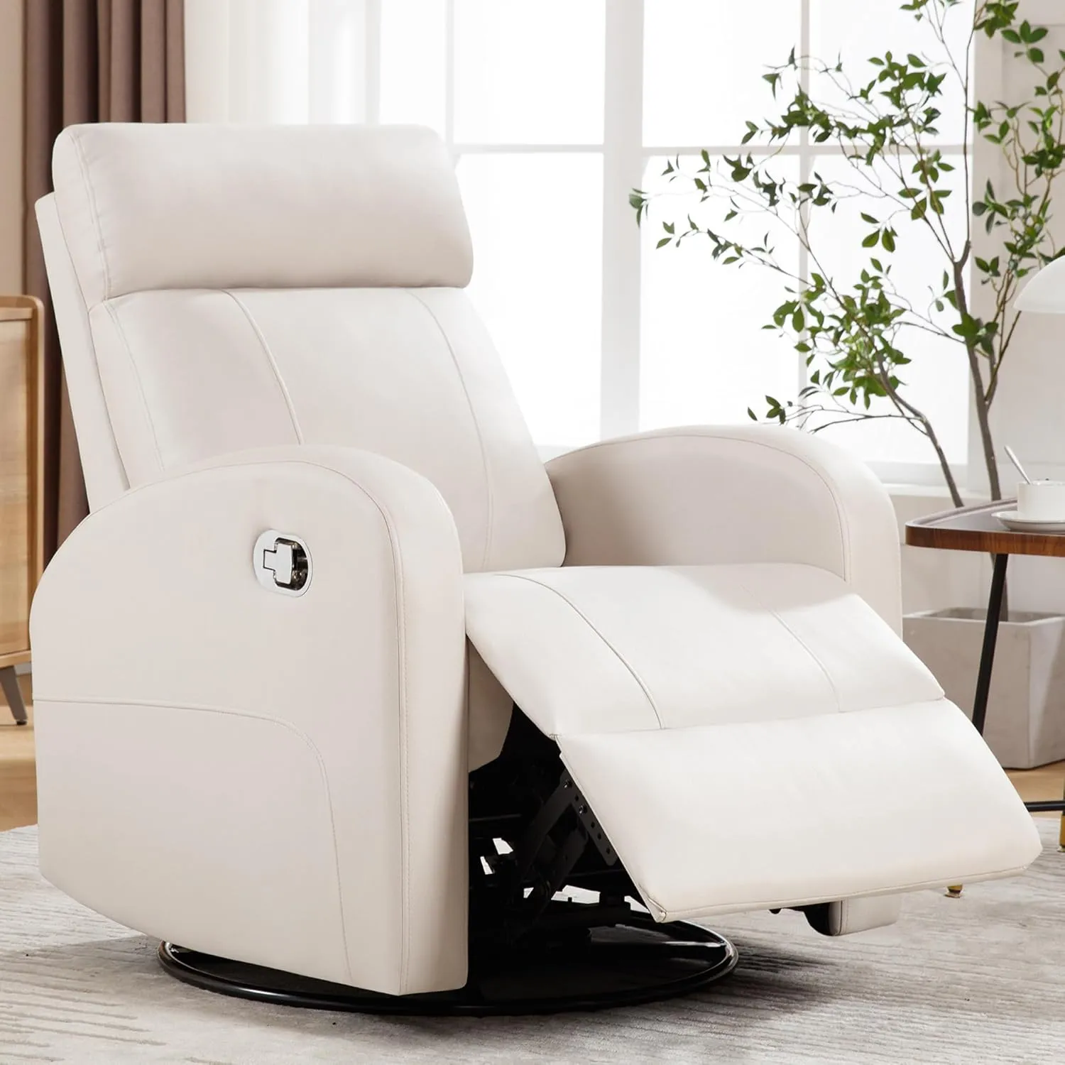 Swivel Rocker Recliner, Manual Glider Rocking Recliner Chair, Leather Swivel Reclining Lounge Chair Nursery Glider Recliners for Small Spaces, Living Room, Beige