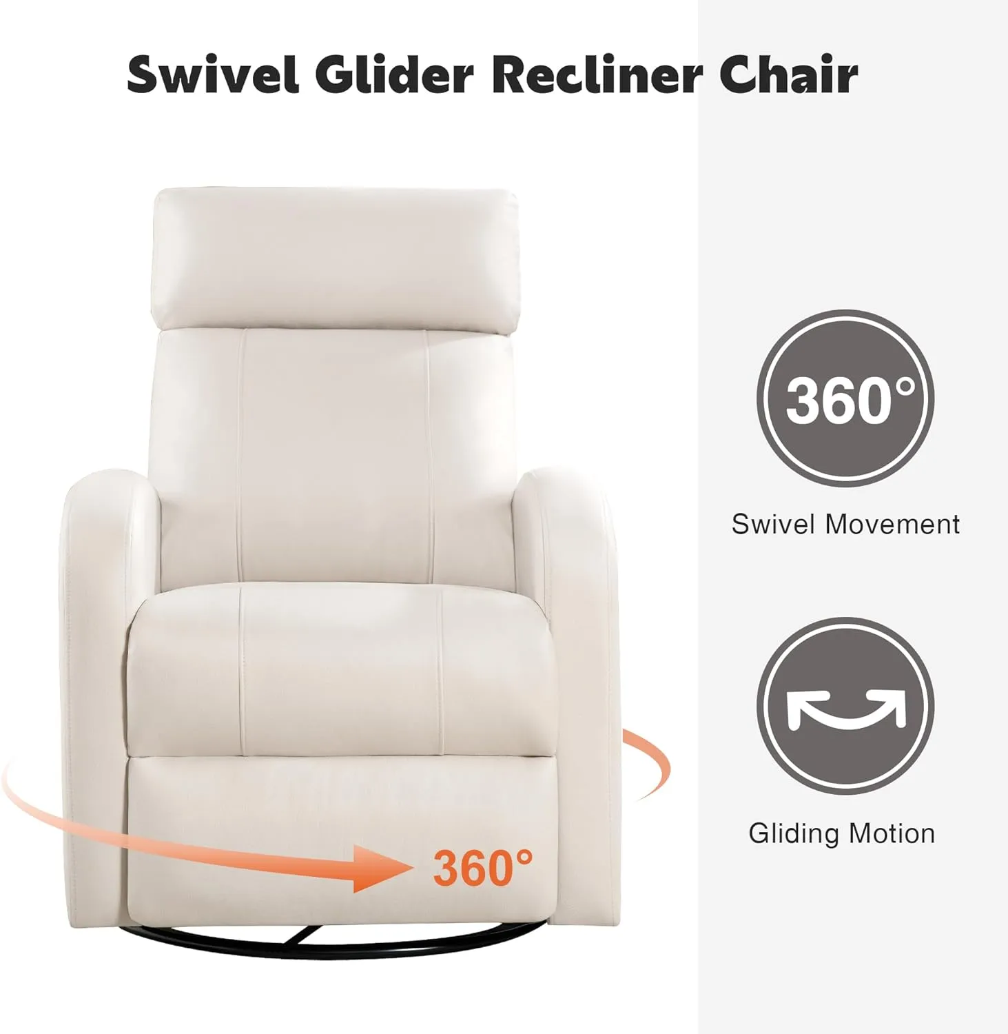 Swivel Rocker Recliner, Manual Glider Rocking Recliner Chair, Leather Swivel Reclining Lounge Chair Nursery Glider Recliners for Small Spaces, Living Room, Beige