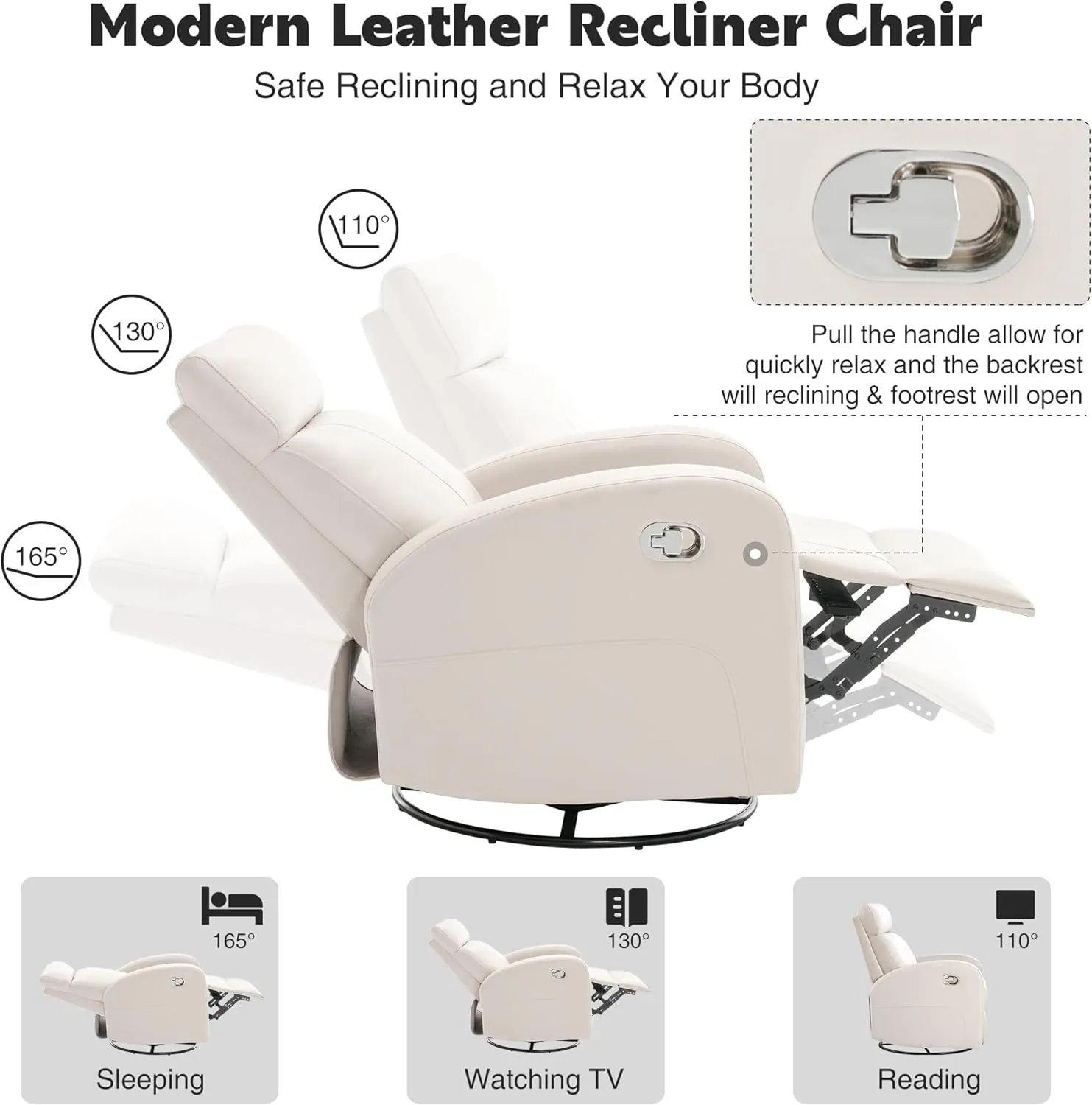 Swivel Rocker Recliner, Manual Glider Rocking Recliner Chair, Leather Swivel Reclining Lounge Chair Nursery Glider Recliners for Small Spaces, Living Room, Beige