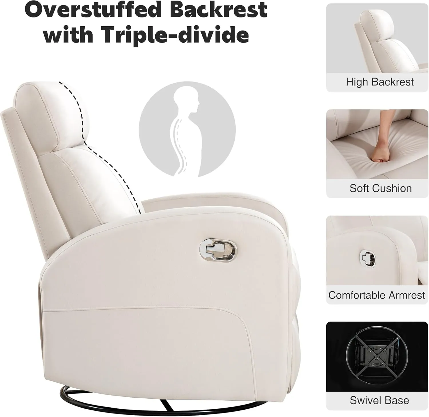 Swivel Rocker Recliner, Manual Glider Rocking Recliner Chair, Leather Swivel Reclining Lounge Chair Nursery Glider Recliners for Small Spaces, Living Room, Beige