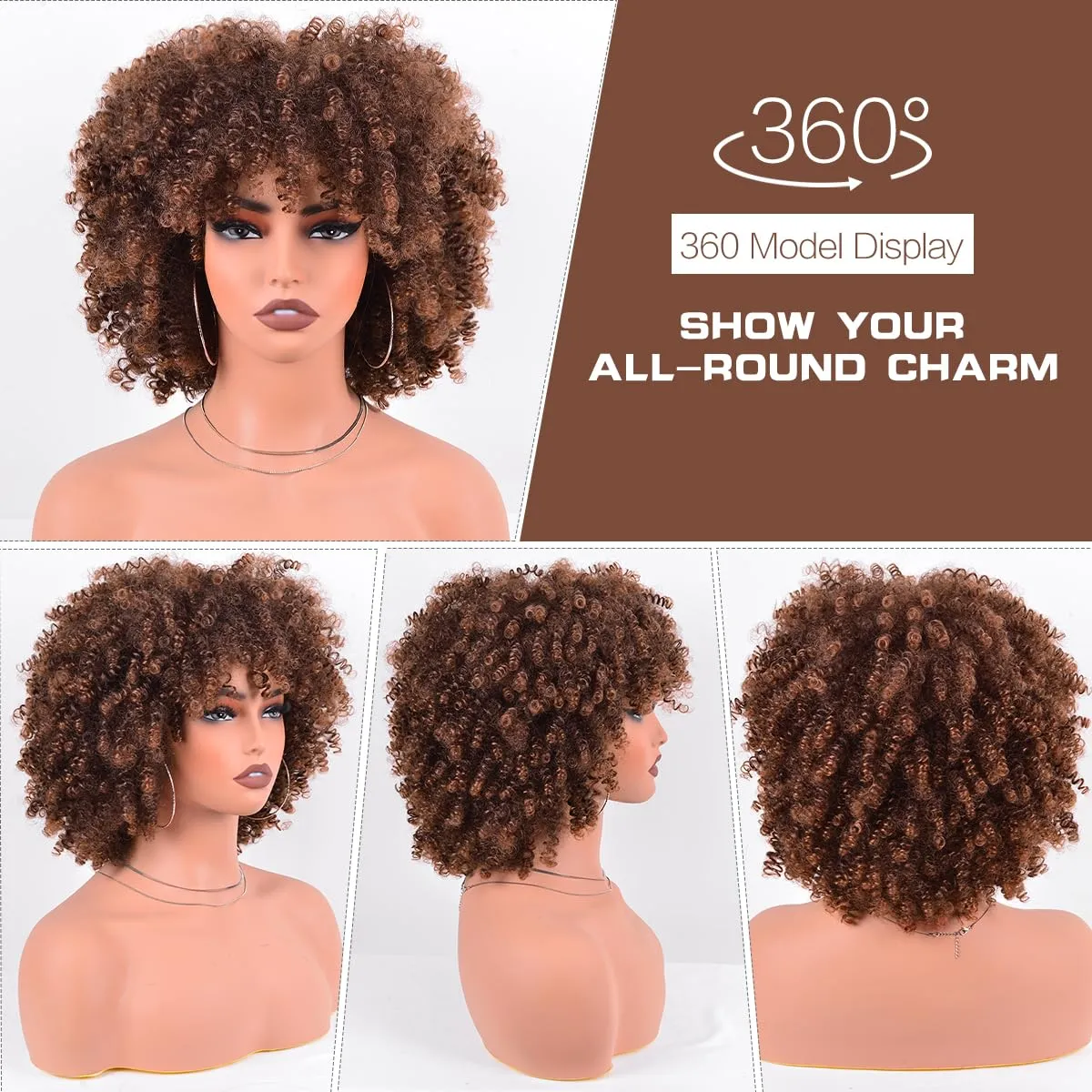 Synthetic Wig Short Ombre Brown Kinky Curly Hair Wig 10Inches 230g/Piece Afro Wigs Soft and Fluffy Like a Bomb Daily Use (Ombre Brown)