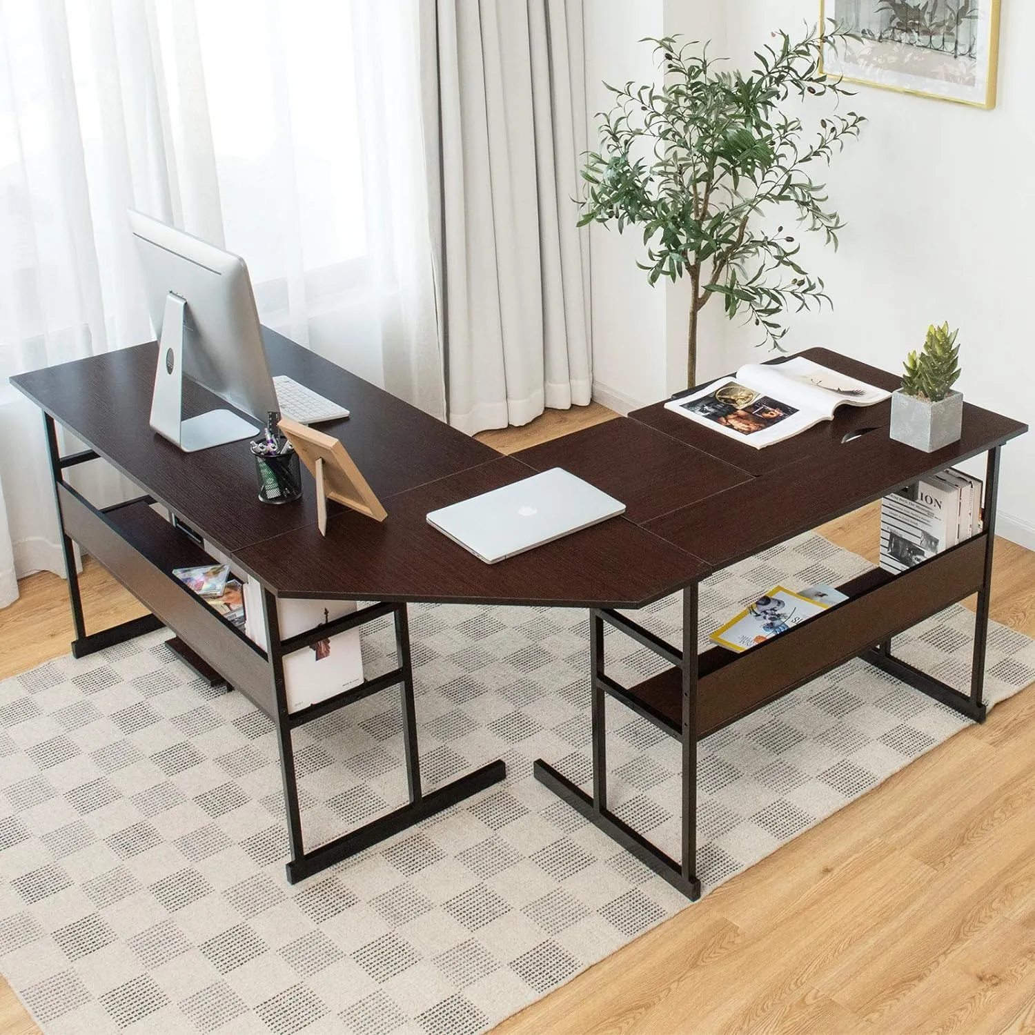 Tangkula 67 Inches L-Shaped Office Desk, Corner Computer Desk with Bottom Bookshelves & CPU Stand, Drafting Drawing Table with Tiltable Desktop, Corner Computer Workstation Home Office Desk