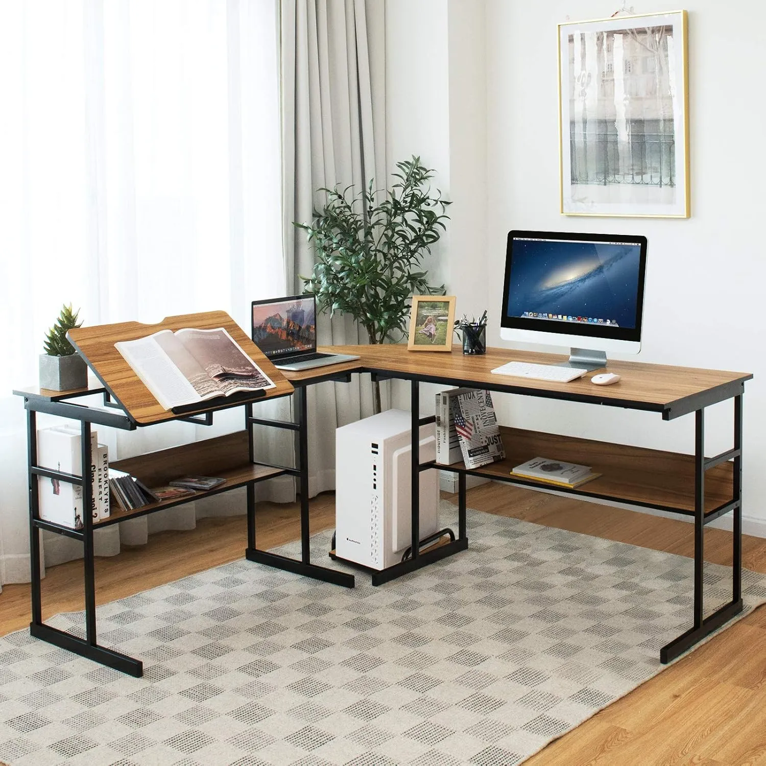 Tangkula 67 Inches L-Shaped Office Desk, Corner Computer Desk with Bottom Bookshelves & CPU Stand, Drafting Drawing Table with Tiltable Desktop, Corner Computer Workstation Home Office Desk