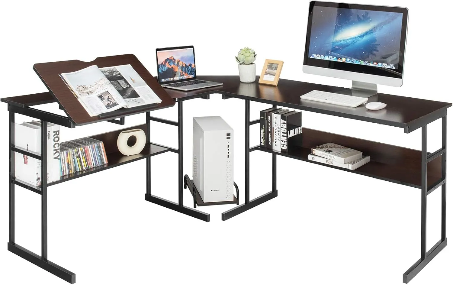 Tangkula 67 Inches L-Shaped Office Desk, Corner Computer Desk with Bottom Bookshelves & CPU Stand, Drafting Drawing Table with Tiltable Desktop, Corner Computer Workstation Home Office Desk